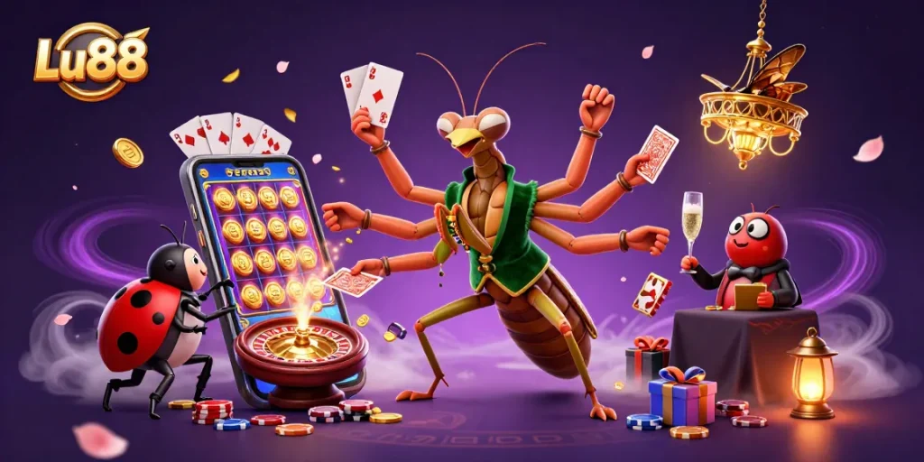 Lu88 offers exciting gameplay with a vibrant 3D illustration featuring a giant mantis dealer amidst casino elements.