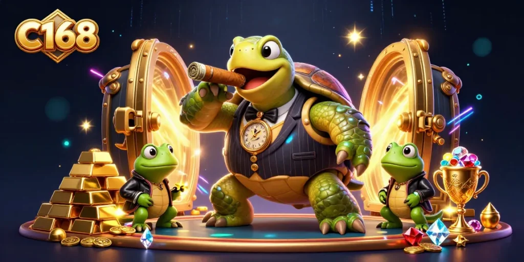 C168 casino scene featuring a cartoon turtle mobster and bullfrog enforcers amid gold treasures and vibrant casino lights.