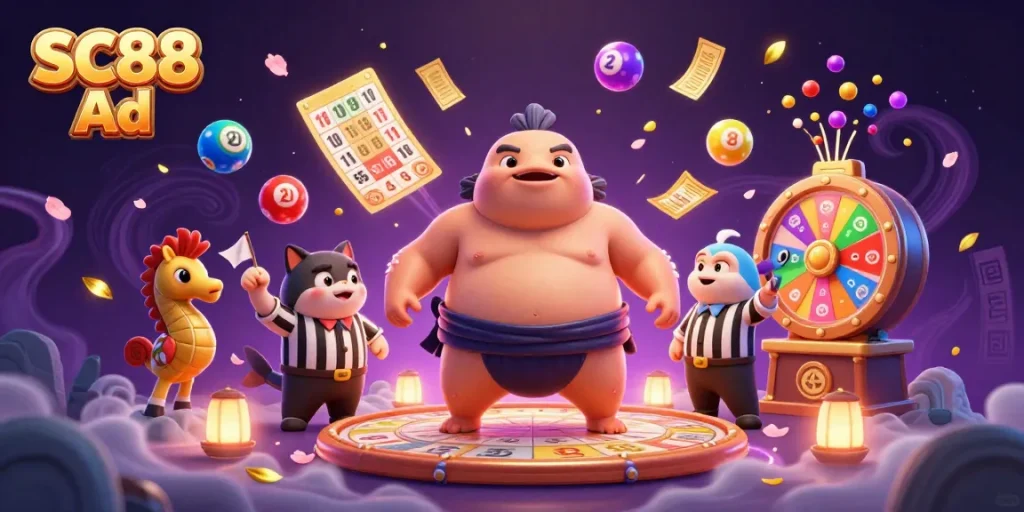 SC88 Ad showcases a vibrant 3D illustration of a casino-themed underwater scene with lively characters and game elements.