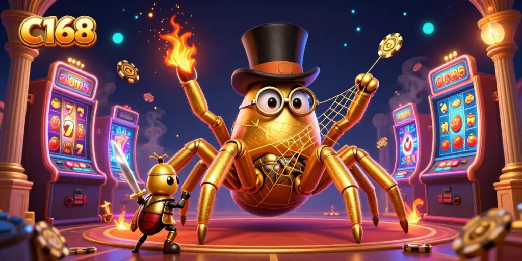 C168 sparks excitement as the golden tarantula weaves a winning web in an immersive casino scene.