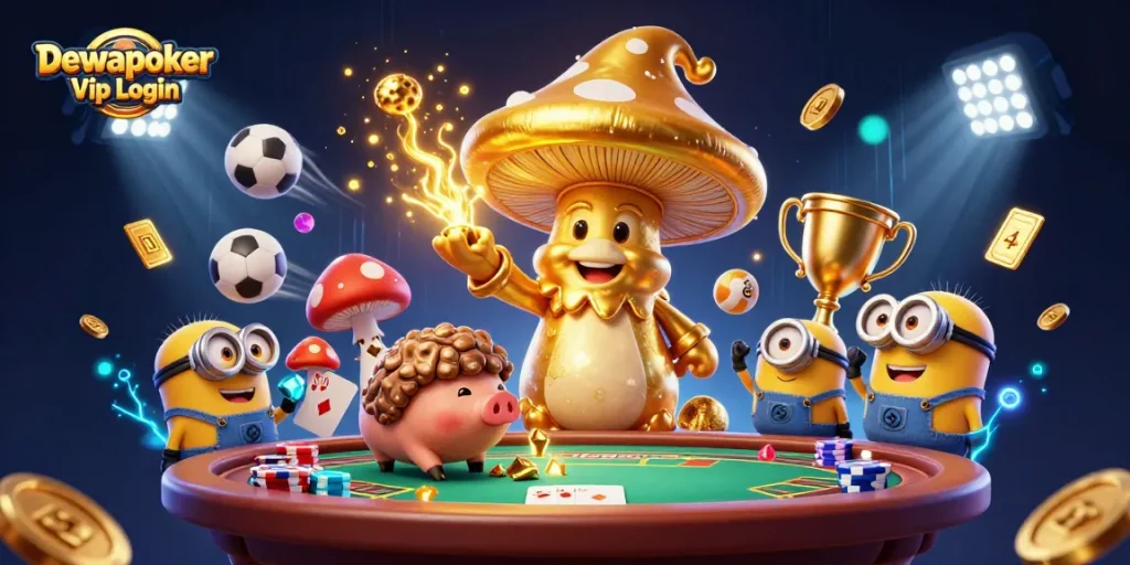 Dewapoker Vip Login engages players in a dynamic 3D casino scene filled with poker elements and vibrant energy
