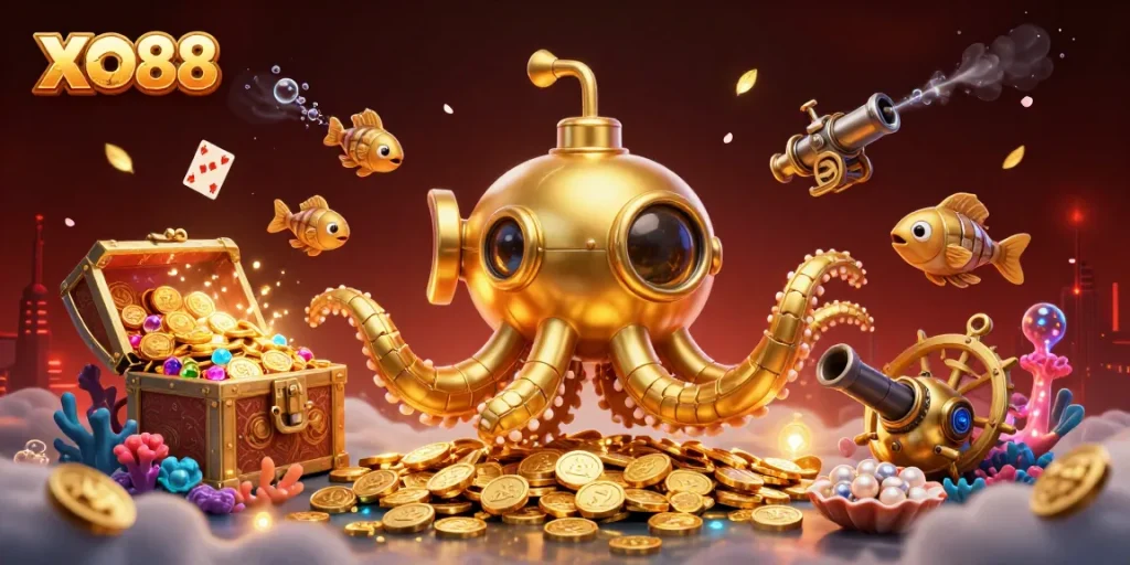 Experience exciting winnings at XO88 with 3D colorful casino-themed underwater illustration.