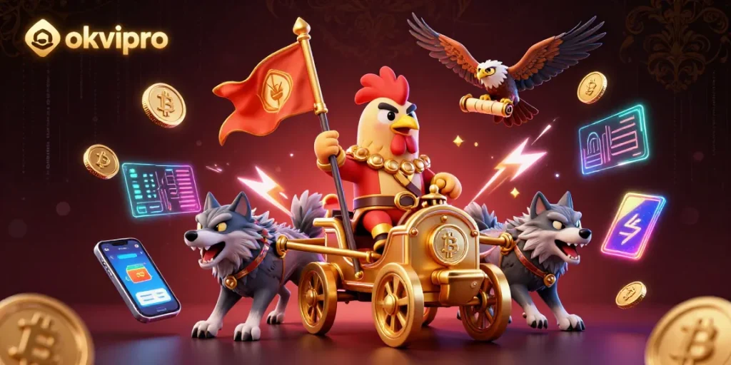 Engage with okvipro at the casino, featuring a rooster warlord and cryptocurrency elements.