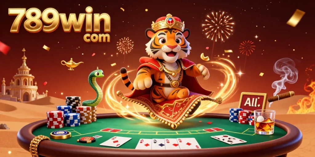 Capture the excitement of 789win com with an enchanting Arabian-themed sultan on a poker chip carpet, surrounded by casino elements.