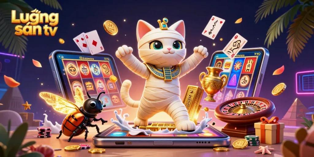 Lương sơn tv showcases thrilling casino experience with cartoon mummy cat and golden treasures.