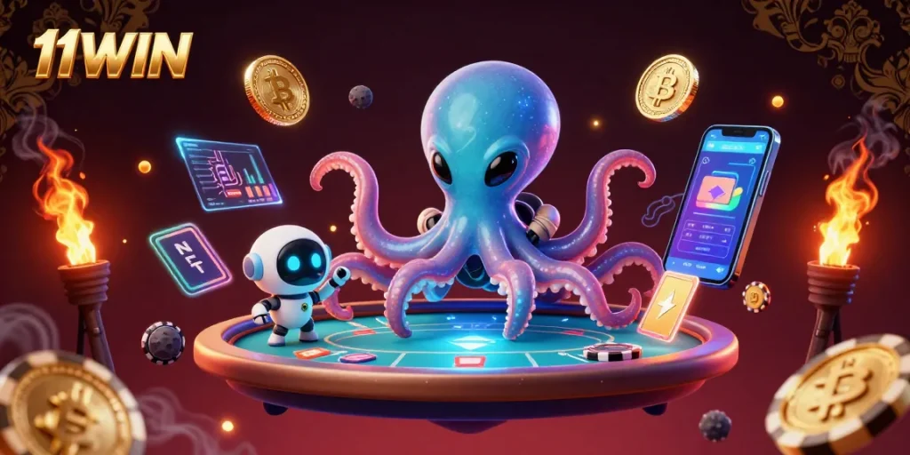 Play and win with 11WIN at a vibrant alien casino featuring crypto elements and poker excitement.