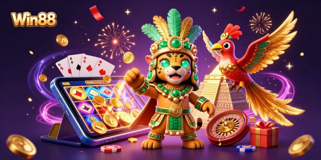 Win88 offers thrilling slot game experiences highlighted by colorful spinning reels and a vibrant 3D scene.