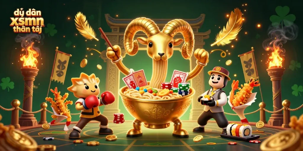 Engaging scene depicting dự đoán xsmn thần tài with festive gambling elements and vibrant characters.