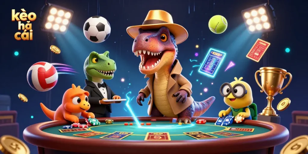 Experience kèo nhà cái dynamics with a cartoon velociraptor and sports elements in a casino scene.